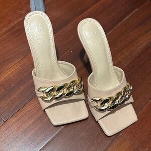 Charlotte Russe Tan Mules with Gold Chain
